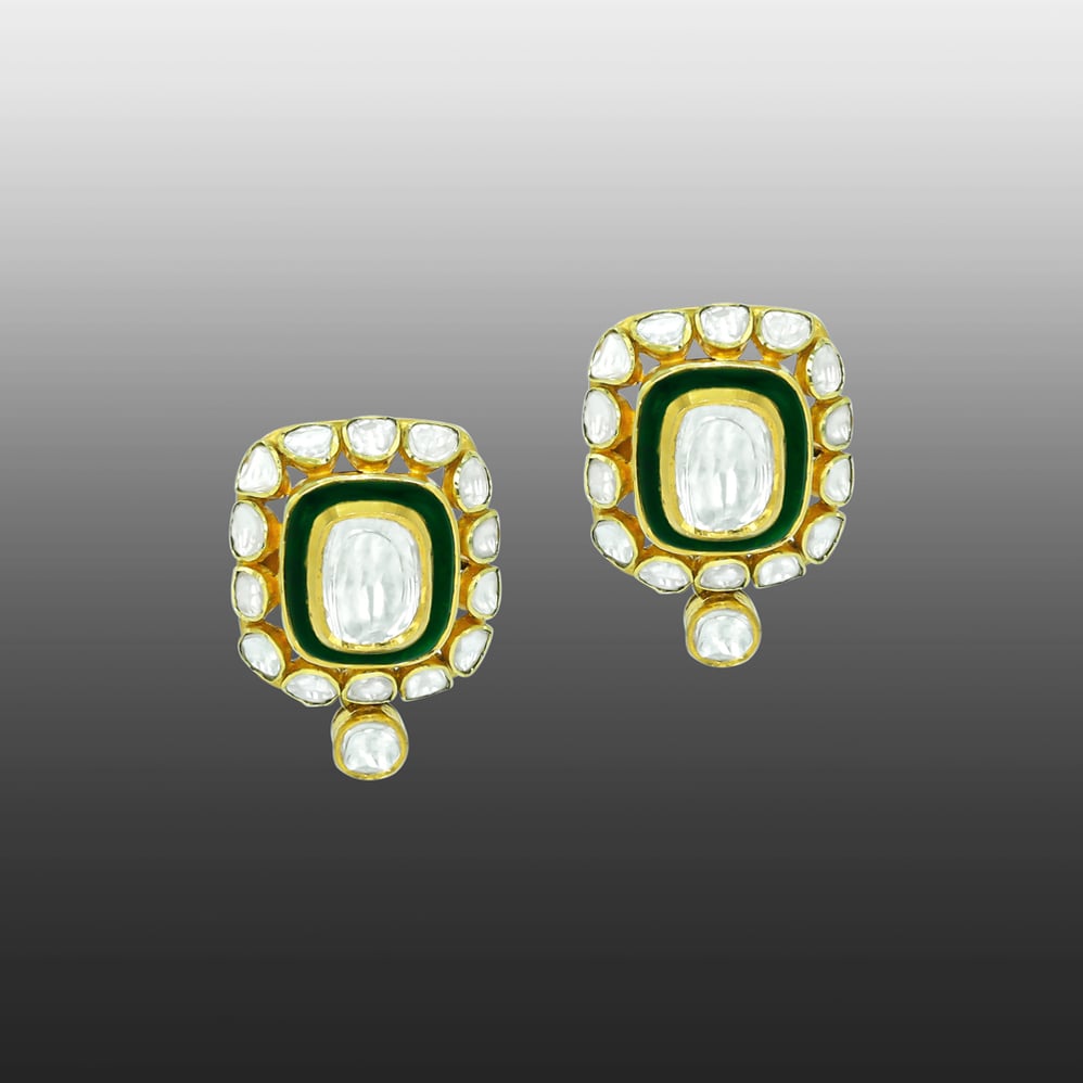 Polki Stud Earrings with Green Enamel Border and Drop Accent